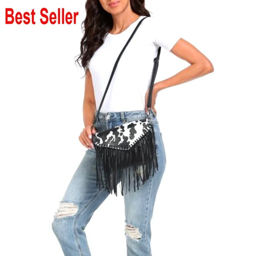 PU Leather Hobo Crossbody Bag with Fringe Tassel Western Style